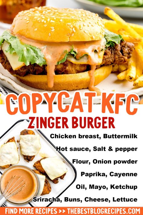 Close-up shot of Zinger Burger on a plate with a side of french fries with the ingredients needed. Kfc Zinger Sauce Recipe, Breaded Chicken Burger Recipe, Burger Buffet, Chicken Burger Sauce, Spicy Burger Sauce, Zingers Recipe, Kfc Zinger Burger, Kfc Zinger, Kfc Burger