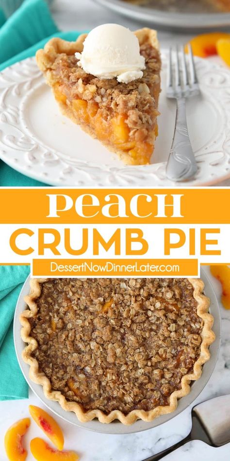 This Peach Crumb Pie can be made with fresh or frozen peaches and is topped with a delicious brown sugar and cinnamon streusel topping. A summer pie you can enjoy year round! Easy Peach Pie With Frozen Peaches, Peach Pie Frozen Peaches, Peach Pie From Frozen Peaches, Fresh Peach Pie Recipes Easy, Fresh Peach Pie Recipes, Peach Pie With Frozen Peaches, Peach Pie Recipes Easy, Peach Crumb Pie, Best Peach Pie Recipe