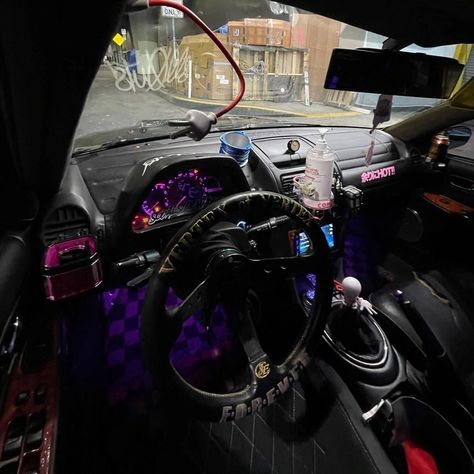 Jdm Cars Interior, Modified Car Interior, Purple Dashboard, Drift Car Interior, Jdm Car Interior, Jdm Interior, Miata Interior, Car Interior Diy, Dashboard Car