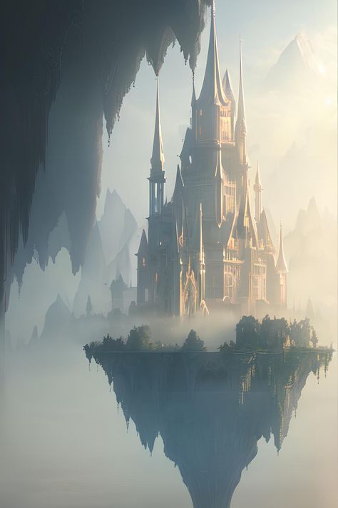 Embark on a journey into the realm of fantasy with this breathtaking artwork showcasing a floating glass palace amidst a misty valley. Let the enchantment and tranquility wash over you. Glass City Fantasy Concept Art, White Castle Fantasy Art, Flying Castle Fantasy Concept Art, Cloud City Art, Floating Palace Fantasy Art, Fantasy Sky Castle, Sky Castle Fantasy Art, Glass Palace, Floating Palace