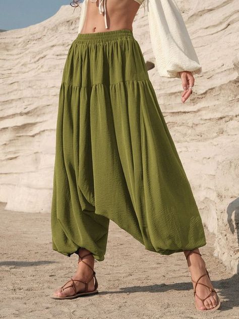 Green Casual Collar  Woven Fabric Plain Harem/Genie Embellished Non-Stretch  Women Clothing Haram Pants Outfit, Romani Clothing, Haram Pants, Harem Pants Outfit, Harem Pants Pattern, Bamboo Pants, Harem Pants Fashion, Forest Clothes, Funky Pants