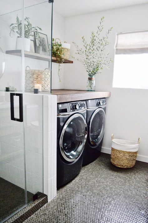 Laundry/Bathroom combo: GE appliances and Bedrosians penny tile in shale.  Photo and design by @kdiondesign Bath Laundry Combo, Bathroom Laundry Room Combo, Bathroom Laundry Combo, Bathroom With Laundry, Laundry Bathroom Combo, Future Bathroom, Bathroom Laundry Room, Bathroom Makeovers, Laundry Design