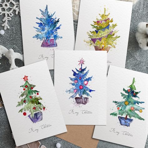 A beautiful, bright and colourful set of 5 Folded Christmas Greeting Cards printed on luxury hammered cardstock with Envelopes. The pack includes watercolour designs of Christmas trees in different colours and designs (all shown in first photo). Purchasing options: -set of 5 (1 card each of 5 different designs + 5 envelopes) -set of 10 (2 cards each of 5 different designs + 10 envelopes) The cards can be purchased in one size: A6 size - 148 x 105mm (5-7/8 in x 4-1/8) (when folded) Each card is p Luxury Christmas Cards, Painted Christmas Cards, Christmas Card Art, Watercolor Christmas Cards, Christmas Tree Cards, Watercolor Christmas, Christmas Tree Design, Daily Drawing, Christmas Cards Handmade