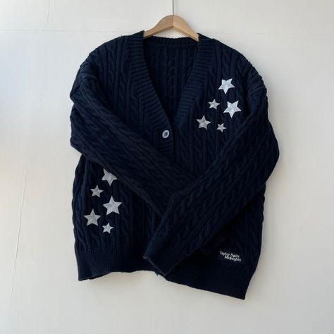 The Official Midnights Cardigan remake is now available on our website zarnel.com ✨ . . . . . #taylorswift #midnights #midnightscardigan #swifties #taylorswiftcardigan #erastour Midnights Cardigan, Taylor Swift Cardigan, Midnights Aesthetic, Fall Blue, Star Embroidery, Loose Long Sleeve, Ladies Tops, V Neck Cardigan, Knit Fashion