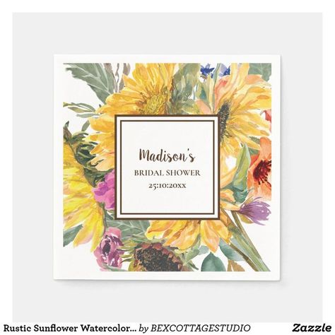 Rustic Sunflower Watercolor  Bridal Shower Napkins Bridal Shower Napkins, Sunflower Watercolor, Watercolor Sunflowers, Rustic Napkins, Sunflower Bridal Shower, Rustic Watercolor, Bridal Sunflowers, Wedding Buffet, Personalized Paper Napkins