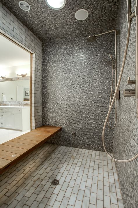 70 AMP 7' Steam Shower with floating Epi wood bench, Honed Carrara Bianco floor tiles, shimmer grout and grey penny wall tiles and  speakers Penny Wall, Cottage Showers, Wall Hung Sink, Master Shower, Shower Bench, Steam Showers, Steam Room, Lake Cottage, White Tiles