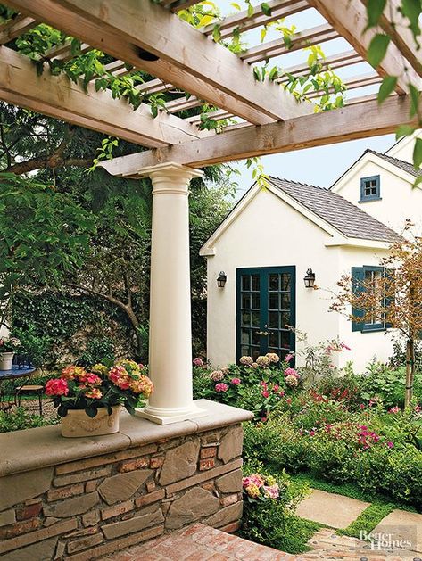 Rafter Design, Loft Cottage, Book Garden, Architectural Columns, Steel Pergola, Cheap Pergola, Pergola Swing, Blue Shutters, Pergola Ideas