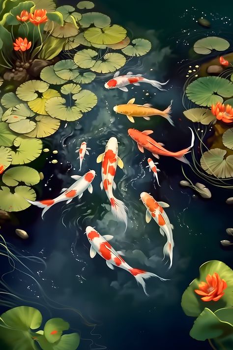 Koi Fish Pond Drawing, Fish Pond Drawing, Koi Pond Painting Easy, Koi Fish Background, Coy Fish Pond Drawing, Fish Gouache Painting, Koi Illustration, Koi Fish Pond Painting, Pond Drawing