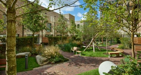 Clay Pavers, Elephant Park, Commercial Playground, Pocket Park, Housing Development, Honey Locust, Ground Covering, London Architecture, Tree Canopy