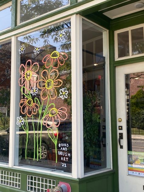 Cafe Window Painting, Mother’s Day Window Painting, Spring Window Drawing, Window Display Art, Spring Window Ideas, Spring Window Decor, Window Display Painting, Floral Window Painting, March Window Display Ideas