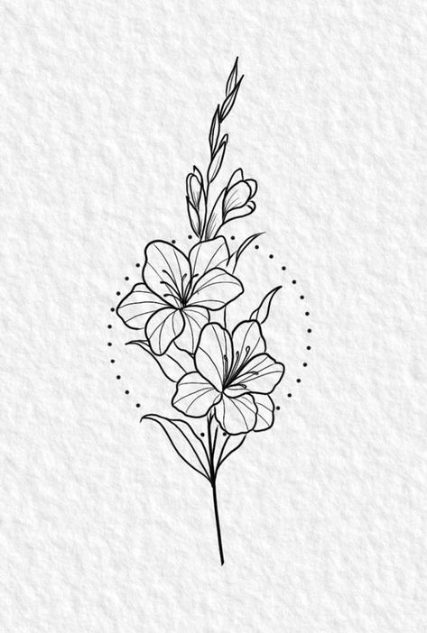 Gladiolus Tattoo Minimalist, Gladiolus Line Tattoo, Narcissus Flower Tattoo Stencil, Gladius Flower Drawing, Gladolias Tattoo, Gladioli Flower Drawing, Gladiolus Flower Line Art, Meaningful Calf Tattoos For Women, Gladiolus Flower Sketch