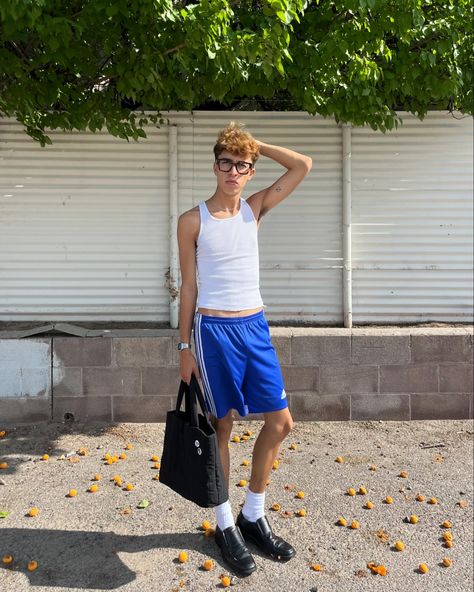 IG: hvntrj/ fashion, streetwear, men's outfits, men's fashion streetwear, men's outfits casual, aesthetic, instagram inspo, instagram picture ideas, Instagram post ideas, short hair, glasses, pose inspo, ideas, boy, model, clean boy aesthetic, tank top, blue adidas shorts, big glasses, warby parker, loafers, dress shoes, white socks, model, male model, aesthetic, silver casio watch, kendra scott bracelet, silver jewlery , bow and arrow tattoo , tattoos Silver Casio Watch, Male Model Aesthetic, Clean Boy Aesthetic, Glasses Pose, Adidas Shorts Outfit, Bow And Arrow Tattoo, Blue Adidas Shorts, Blue Shorts Outfit, Adidas Outfit Men