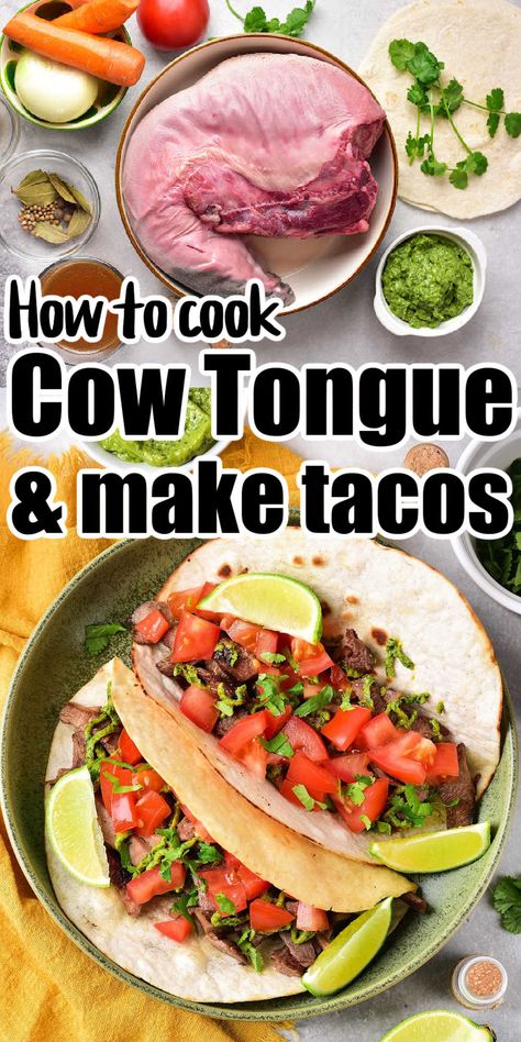 How to cook cow tongue and make lengua tacos for dinner is here. Cooking tongue to tender is simple following our step by step directions on stove. Cow Tongue Tacos Crock Pot, Cow Tongue Recipe Slow Cooker, Tongue Tacos Recipes, How To Cook Cow Tongue, Cow Tounge Recipes Beef Tongue, How To Cook Beef Tongue, Cow Tongue Tacos, Lengua Recipe Mexican, Beef Parts