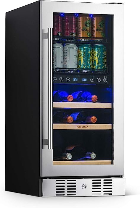 NewAir 15” Wine, Beer, Beverage Refrigerator Cooler | 9 Bottle, 48 Can Capacity | Stainless Steel Built-in or Freestanding Dual Zone Drink Fridge |Triple-Pane Glass Door, Digital Temperature Control Drink Fridge, Refrigerator Cooler, Beer Collection, Stainless Steel Fridge, Beverage Fridge, Interior Led Lights, Beverage Refrigerator, Premium Wine, Wood Wine Racks