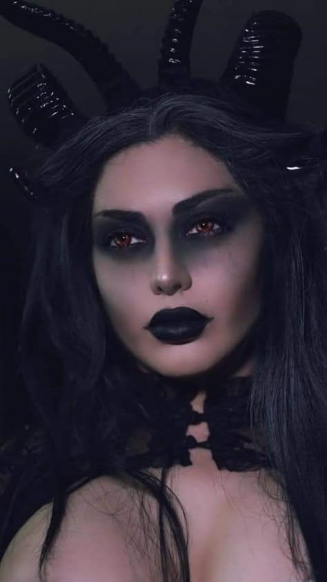 Witchy Make Up Looks, Scary Victorian Costume, Gothic Demon Costume, Queen Of Darkness Makeup, Black Demon Halloween Costume, Goth Goddess Makeup, Womens Demon Costume, Evil Goddess Makeup, Dark Angel Make Up Halloween