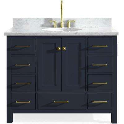 Cambridge 43 in. W x 22 in. D Vanity in Midnight Blue with Marble Vanity Top in Carrara White with White Basin Blue Bathroom Interior, Blue Bathroom Vanity, Carrara Marble Countertop, Blue Cabinets, White Marble Countertops, Double Sink Bathroom, Marble Vanity Tops, Double Sink Bathroom Vanity, White Vanity