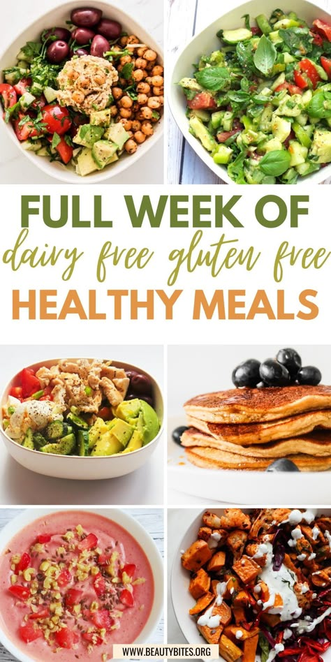 7 day gluten free dairy free meal plan! A full week of dairy free gluten free meal ideas for breakfast, lunch and dinner! If you're wanting to eat clean and need to remove dairy and gluten from your diet plan, check out these healthy recipes! Dairy Free Meal Plan, Gluten Free Meal Ideas, Dairy Free Meal, Gluten Free Dairy Free Recipes Dinner, Gluten Free Dairy Free Dinner, 1200 Calorie Diet Meal Plans, Dairy Free Recipes Dinner, Gluten Free Meal Plan, Ideas For Breakfast