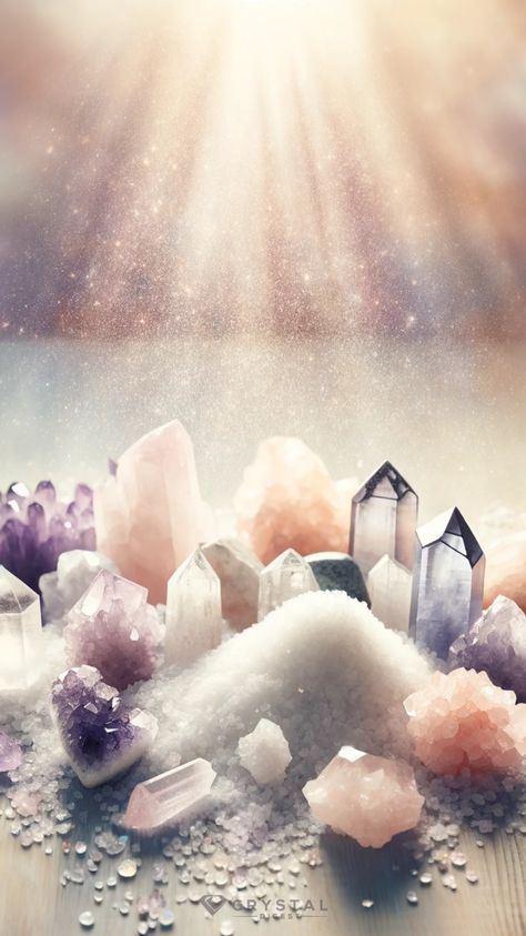 Step into a metaphysical realm where light transcends the ordinary, casting an otherworldly glow upon a pile of crystals. This image captures the moment where spiritual light meets the earthly beauty of crystals, symbolizing enlightenment and energy. Each crystal, with its unique geometry and hues, is bathed in a celestial light, enhancing its natural properties and creating a magical aura. Crystals Aesthetic Background, Crystal Background Wallpapers, Crystal Asethic Wallpaper, Crystal Wallpaper, Spiritual Wallpaper Crystals, Crystal Reflection Light, Crystal Background, Watch Image, New Moon Rituals