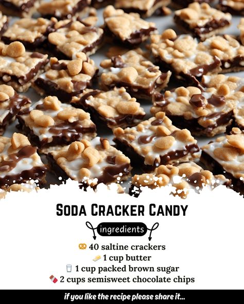 Soda Cracker Candy 🍬 Ingredients - 🥨 40 saltine crackers - 🧈 1 cup butter - 🥛 1 cup packed brown sugar - 🍫 2 cups semisweet chocolate chips - 🥜 1 cup chopped nuts (optional) Directions: 1. Preheat oven to 350°F (175°C). Line a 10x15-inch baking sheet with aluminum foil and grease with cooking spray. 2. Arrange saltine crackers in a single layer on the prepared baking sheet, covering the entire surface. 3. In a saucepan over medium heat, melt butter and brown sugar together. Bring to a boi... Soda Cracker Candy, Cracker Bark, Saltine Cracker, Soda Crackers, Cracker Candy, Saltine Crackers, Heart Food, Cooking Spray, Sweet Candy