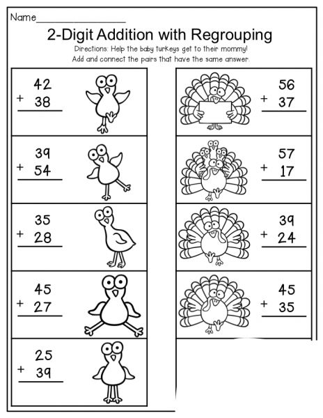 2-Digit Addition With Regrouping | Worksheet School Addition Regrouping, Addition With Regrouping Worksheets, Subtraction With Regrouping Worksheets, Addition With Regrouping, Kindergarten Addition Worksheets, Thanksgiving Writing, Mathematics Worksheets, Money Worksheets, Thanksgiving Math