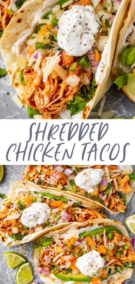 These shredded chicken tacos are just perfect! Quick and easy to make, we like them even better than the Mexican restaurant. Easy to adapt to different diets and delicious loaded up with toppings! Shredded Chicken Tacos Recipe, Chicken Breast Tacos, Chicken Tacos Recipe Easy, Pulled Chicken Tacos, Pulled Chicken Recipes, Chicken Tacos Recipe, Easy Shredded Chicken, Mexican Shredded Chicken, Shredded Chicken Tacos