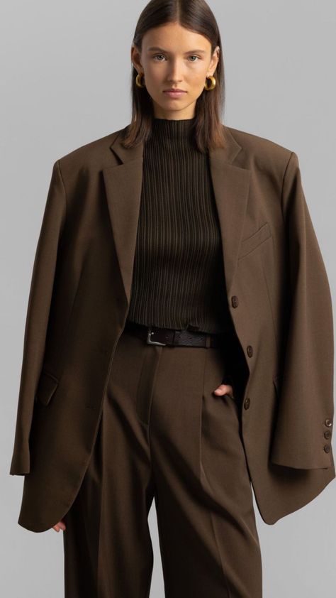 Womens Suits Brown, Rw&co Outfits, Prada Suits For Women, Chocolate Brown Suit Women, Brown Suit Women Outfits, Warm Brown Outfit, Brown Suits For Women, Suits For Women Brown, Brown Suit Outfits For Women