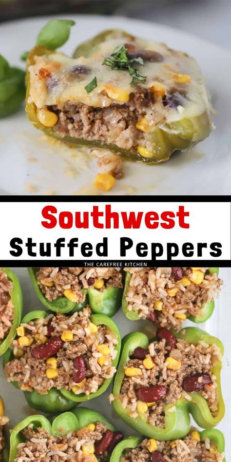 These easy Southwest Stuffed Peppers are filled to the brim with ground beef, rice, beans, corn, salsa and Mexican-inspired spices. They’re colorful, delicious, filling and can even be prepped ahead of time. #thecarefreekitchen #mexican #texmex #southwestern #peppers #stuffedpeppers #groundbeef #rice #dinner Rice Beans Corn, Southwest Stuffed Peppers, Stuffed Peppers With Rice, Southwest Recipes, Best Vegetable Recipes, Ground Beef Rice, Stuffed Peppers Recipe, Beef Rice, Rice Beans