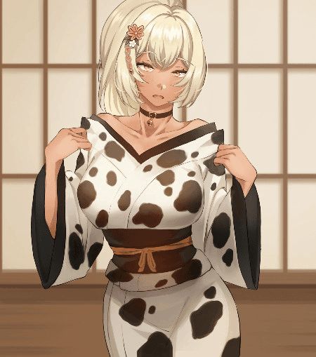 Female Cow, Japanese Clothes, White Kimono, Hair Flower, Open Mouth, Yellow Eyes, Black Choker, Jingle Bell, Japanese Outfits