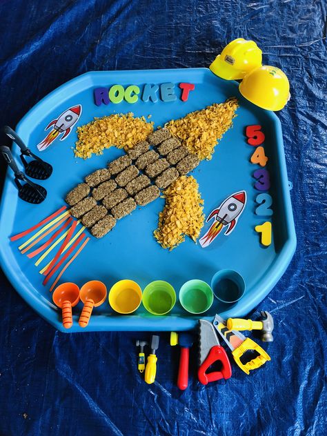 Space Small World Eyfs, Transport Messy Play, Space Themed Messy Play, Moon Tuff Tray, Tuff Tray Ideas Space, Bonfire Night Tuff Tray Ideas, Space Tuff Tray Ideas Eyfs, Space Messy Play Ideas, Bonfire Tuff Tray Ideas