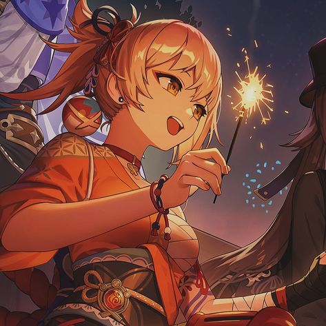 yoimiya genshin impact gi header banner matching icon Scaramouche Wanderer, Orange Icons:), New Year Art, Waifu Material, Blue Box, Matching Profile Pictures, Art Icon, Anime Couples Drawings, Cute Anime Pics