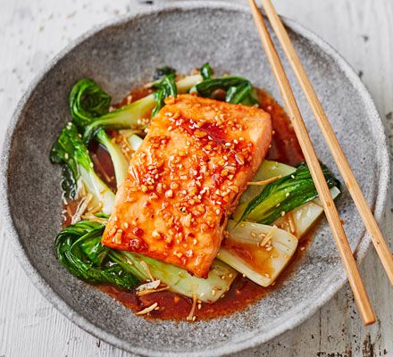 Sweet chilli, honey, sesame oil, mirin and soy combine to make a punchy sauce for fish, Elaine Paige’s dish is a simple and quick midweek meal Chilli Honey, Honey Sesame, Savory Dinner, Overnight Oat, Pak Choi, Teriyaki Salmon, Sweet Chilli Sauce, Midweek Meals, Salmon Dishes