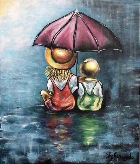 Brother Sister Painting, Sibling Art, Igcse Art, Modern Art On Canvas, Friend Painting, Rain Art, Sisters Art, Kids Painting, Canvas Painting Designs