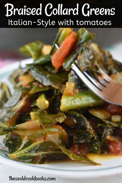 Braised Collard Greens with Tomatoes - These Old Cookbooks Italian Collard Greens Recipe, Pasta Sauce Ground Beef, Slow Cooker Pasta Sauce, Braised Collard Greens, Vegan Collard Greens, Eating Seasonally, High Potassium Foods, Potassium Foods, Collard Greens Recipe