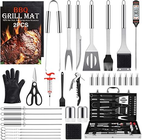 Birald Grill Set BBQ Tools Grilling Tools Set Gifts for Men, 34PCS Stainless Steel Grill Accessories with Aluminum Case,Thermometer, Grill Mats for Camping/Backyard Barbecue,Grill Utensils Set for Dad Meat Injector, Bbq Tool Set, Grilling Utensils, Steel Grill, Sweet Cooking, Stainless Steel Bbq, Barbecue Tools, Stainless Steel Grill, Grill Set