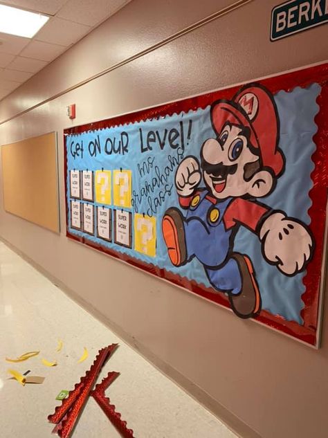 Game On Classroom Door, Arcade Bulletin Board, Super Mario Brothers Bulletin Board, Mario Brothers Bulletin Board Ideas, Mario Themed Bulletin Board, Nintendo Switch Bulletin Board, Nintendo Bulletin Board, Mario Themed Classroom Bulletin Boards, Mario Hallway Decorations