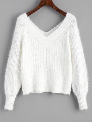 Fuzzy Cropped V Neck Sweater - White Cropped V Neck Sweater, Womens White Sweater, Cute Sweatshirts, Sweater White, Favorite Sweater, White Sweater, Girls Fashion Clothes, Cute Sweaters, Teenage Fashion Outfits