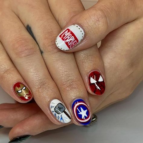 My faaavvvvv set this year 🥹🥹❤️❤️ my little marvel geek heart was crying 🥳🥳 Builder Mani Fill Freestyle Bundle : $75 Total : $75 #marvelnails #marvel #lokinails #loki #captainamerica #ironman #spiderman #thor #avengers #buildergel #buildergelmanicure #gel #gelnails #nailart Marvel Nail Ideas, Super Hero Nails, Iron Man Nails, Superhero Nails, Marvel Nails, Thor Avengers, Ironman Spiderman, Aesthetic Nails, Dream Nails