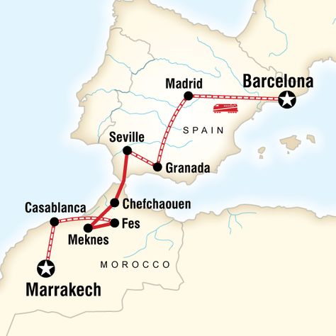 Map of the route for Spain & Morocco by Rail G adventures Spain Morocco Itinerary, Spain Portugal Morocco Itinerary, Backpacking Spain, Morocco Itinerary, Map Of Spain, Visit Marrakech, Spain Culture, Travel Route, Travel Wishlist