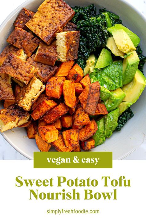 Sweet Potato Tofu, Sweet Potato Bowl, Sweet Potato Dinner, Potato Bowl, Nutritious Lunch, Nourish Bowl, Sweet Potato Bowls, Easy Vegan Lunch, Sweet Potato Kale