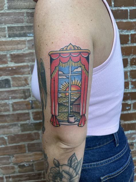 Door Tattoo Traditional, American Traditional Doorway Tattoo, Traditional House Tattoo, Stained Glass Window Tattoo, Window Tattoo, Staircase Tattoo, Traditional Windows, Traditional Staircase, Home Tattoo