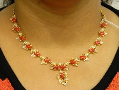 Coral Pearl Studded Gold Necklace Set Pagadala Necklace Gold, Coral Jewelry Set Pearl, Coral And Pearl Necklace, Ruby Jewelry Necklaces Simple, Pagadalu Necklace, Coral Studs In Gold, Pagadala Haram Designs, Pearl Necklace Designs Gold Indian, Corals And Pearls Jewellery