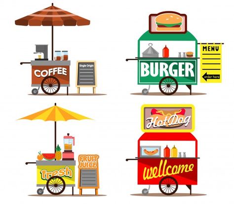 Food street vendors | Premium Vector #Freepik #vector #food #menu #coffee #dog Street Vendor Drawing, Memory Illustration, Anniversary Wishes For Couple, Lime Lemonade, Fruit Splash, Healthy Fruit Smoothies, Fruit Icons, Fresh Smoothies, Food Stand