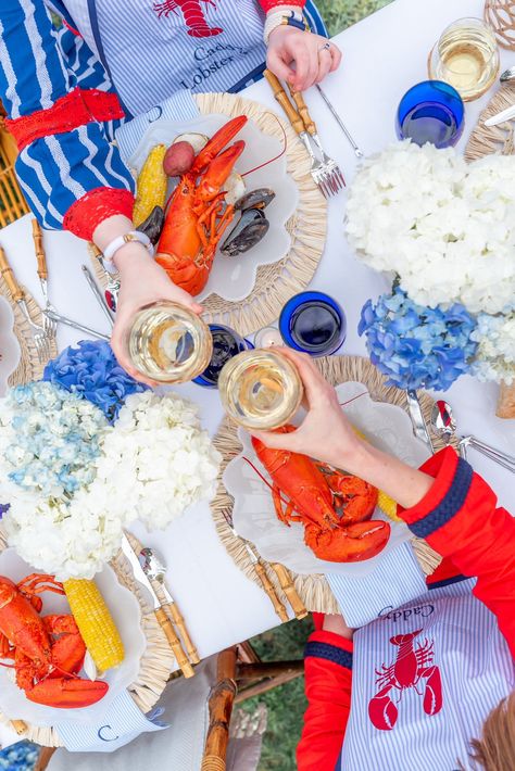 Nantucket Party, Coastal Tablescapes, Lobster Bake Party, Ocean Snacks, Lobster Boil, Lobster Bake, Party Bucket, Herringbone Throw, Summer Backyard