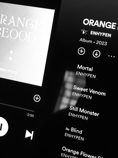 Enhypen Spotify Aesthetic, Enhypen Songs Spotify, Black Enhypen, Kpop Black Aesthetic, Enhypen Song, Enhypen Songs, Engene Core, Orange Blood, Boyfriend Pranks Pictures