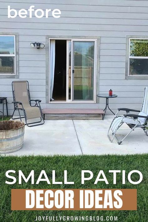 Looking for small patio ideas to make your backyard feel cozy and inviting on a budget? Try these simple small patio furniture ideas to make your small patio feel bigger. Here are some great ideas for decorating a small patio including adding an outdoor rug, some comfy chairs, and string lights. These small patio decorating ideas are perfect for townhouses, and first floor apartments with small spaces. Small Patio Rugs Outdoor Ideas, Small Patio Furniture Ideas Layout, Small Patio Set Up, Patio Furniture For Small Spaces, Decorate Small Patio, Uncovered Patio Ideas, Patio Arrangement Ideas, Diy Small Patio, Small Patio Makeover