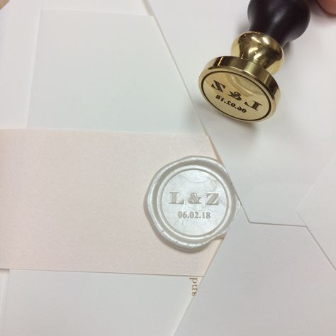 Custom wax seal die and the resulting seal in pearl white wax. White Wax Seal, Pearl Wax, Custom Wax Seal, Shopping District, Wedding Social, White Wax, Richmond Virginia, Wax Seal, Wedding Invites