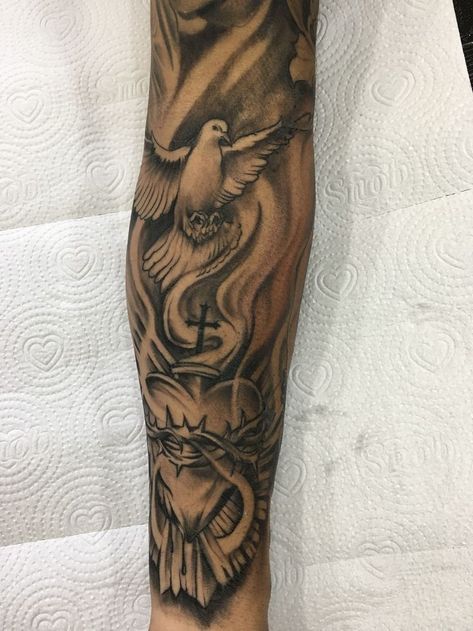 Men’s Sleeve Tattoo Ideas Unique, God Is Gracious Tattoo, Forearm Sleeve Tattoo For Men Ideas, Greek Forearm Tattoo Men, Smokey Tattoo Ideas, Men Sleeve Tattoo Ideas Unique, Biblical Tattoos Sleeve, Under Bicep Tattoo For Men, Forearm Tattoo Men Sleeve Clouds