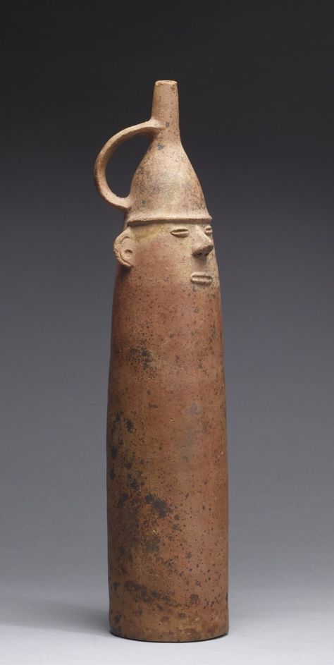 Figurative Bottle, Salinar, 200 BC - 100 AD, ceramic orangeware, Peru. "The Salinar ceramics largely carries on the traditions of the Cupinisque ceramics. What is missing from the Salinar vessels, however, is the artistic elegance of the Cupinisque ceramics. It has been replaced by fresh directness. The sculptural decorative motifs of the Salinar ceramics were animals and people..." Historical Ceramic Vessels, Clay Bottles, Historical Ceramics, Ancient Vase, Cerámica Ideas, Ancient Pottery, Ceramic Bottle, Ceramic Figures, Sgraffito