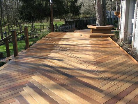 another herringbone pattern.  i love the color variations in the wood and the length of the center boards. (google images, linked to custom outdoor structures) Wood Deck Designs, Deck Patterns, Laying Decking, Deck Flooring, Patio Deck Designs, Wooden Deck, Deck Plans, Decks Backyard, Diy Deck