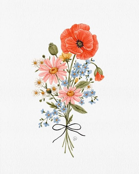 Poppy Flower Bouquet, Flower Bouquet Drawing, Posy Flower, Flower Bouquet Tattoo, Wildflower Drawing, Poppy Bouquet, Bouquet Tattoo, Wildflower Tattoo, The Language Of Flowers